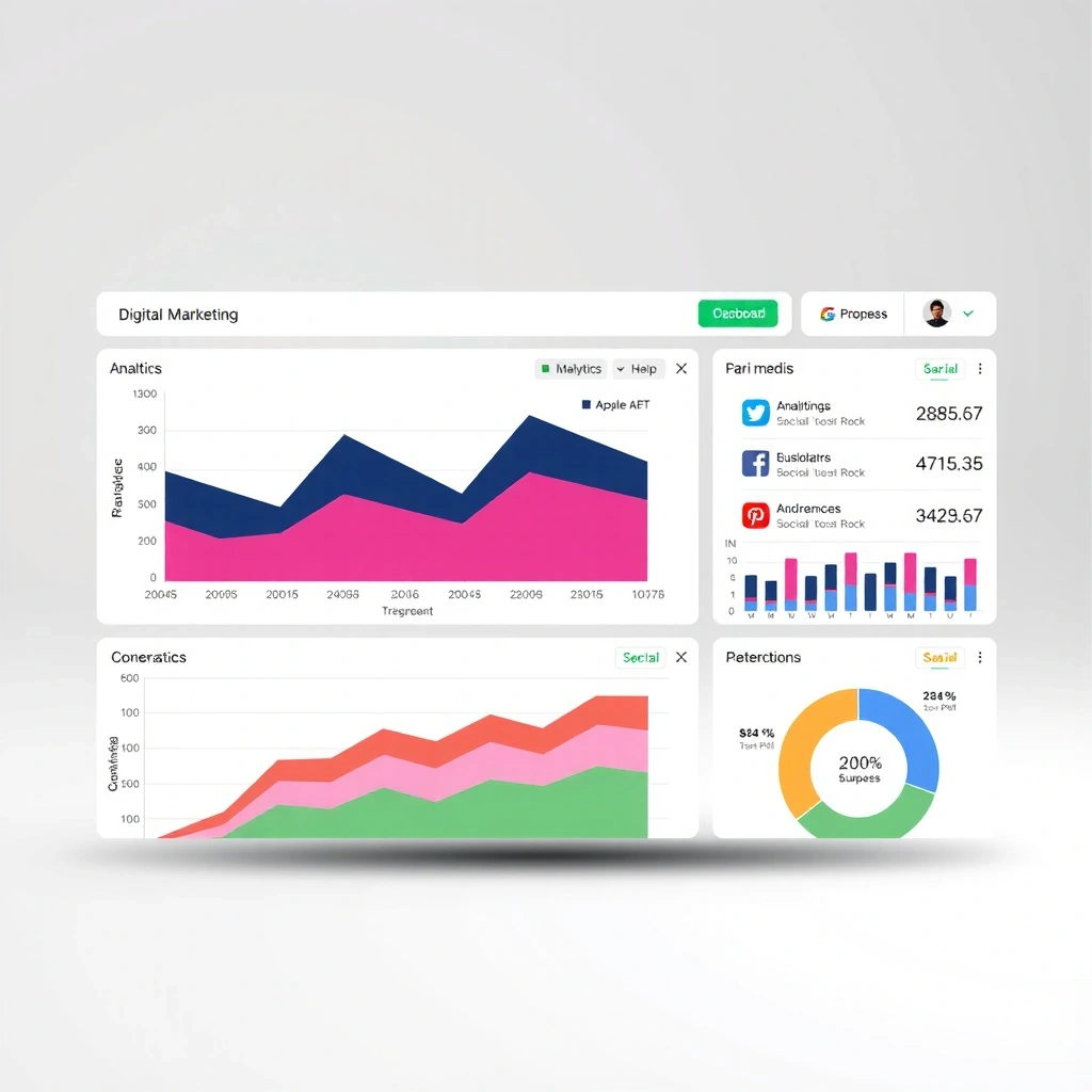 Digital marketing analytics dashboard with graphs and performance metrics