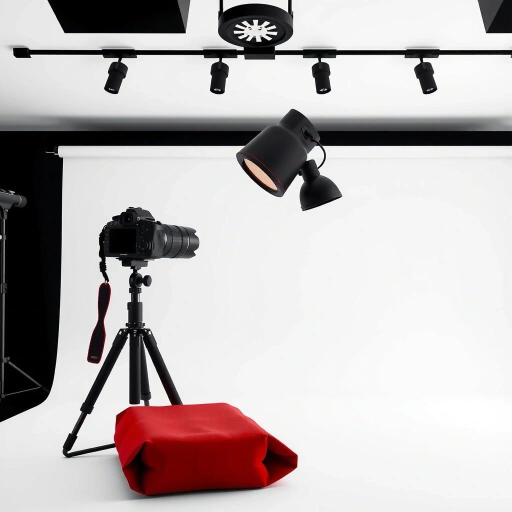 Photography setup with professional camera, lighting, and product staging for commercial photography