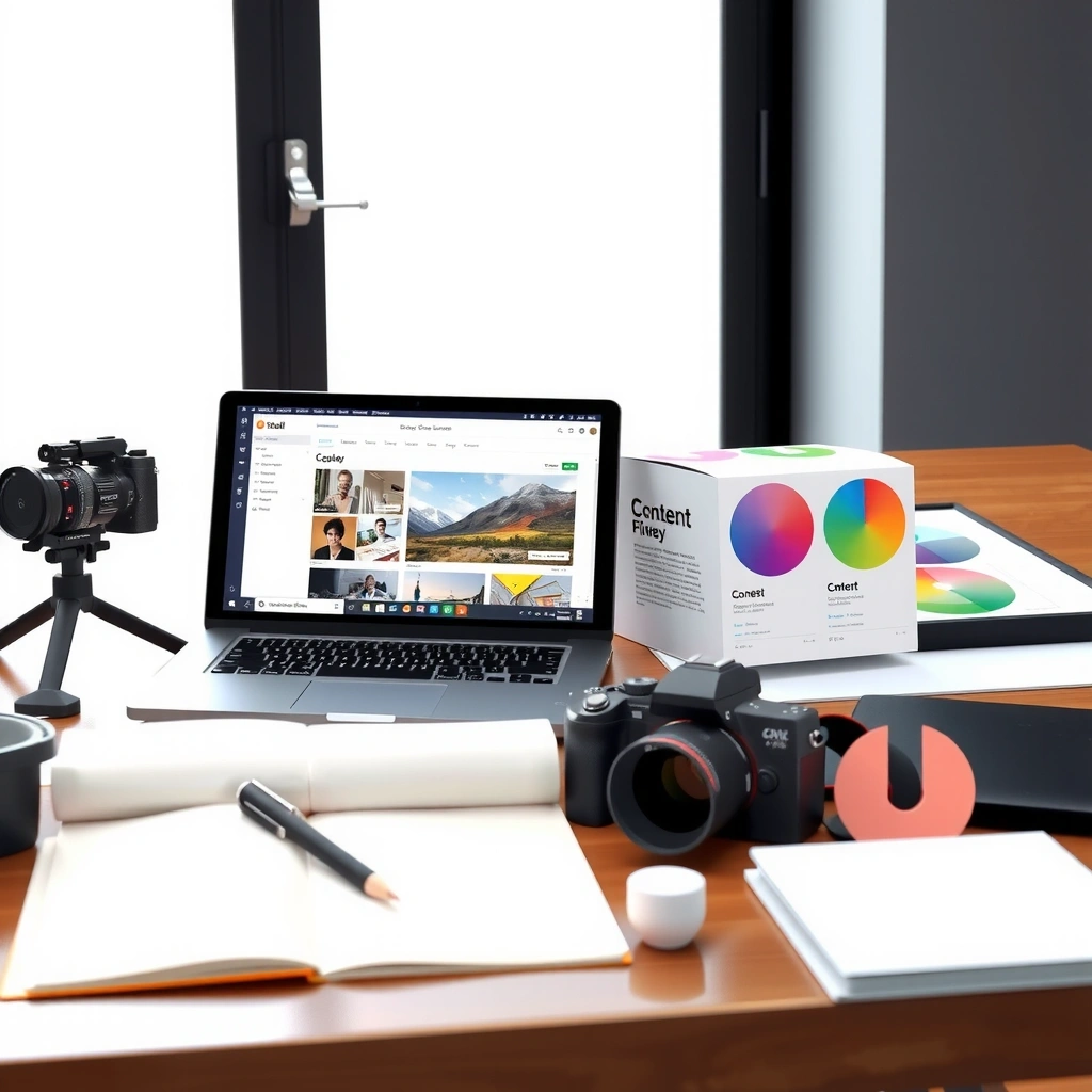 Professional content creation showing writing, design, and multimedia production