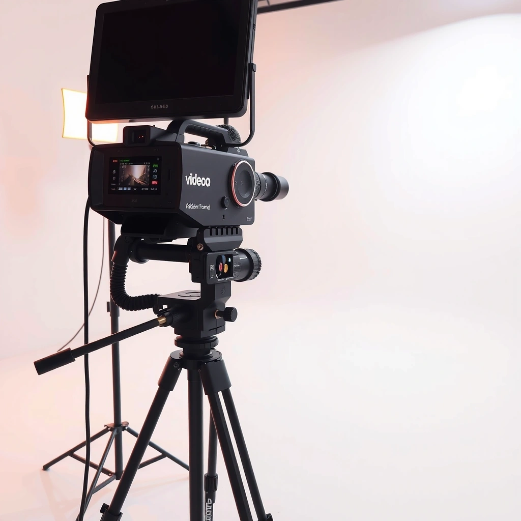Video production setup with professional cameras, lighting, and editing equipment